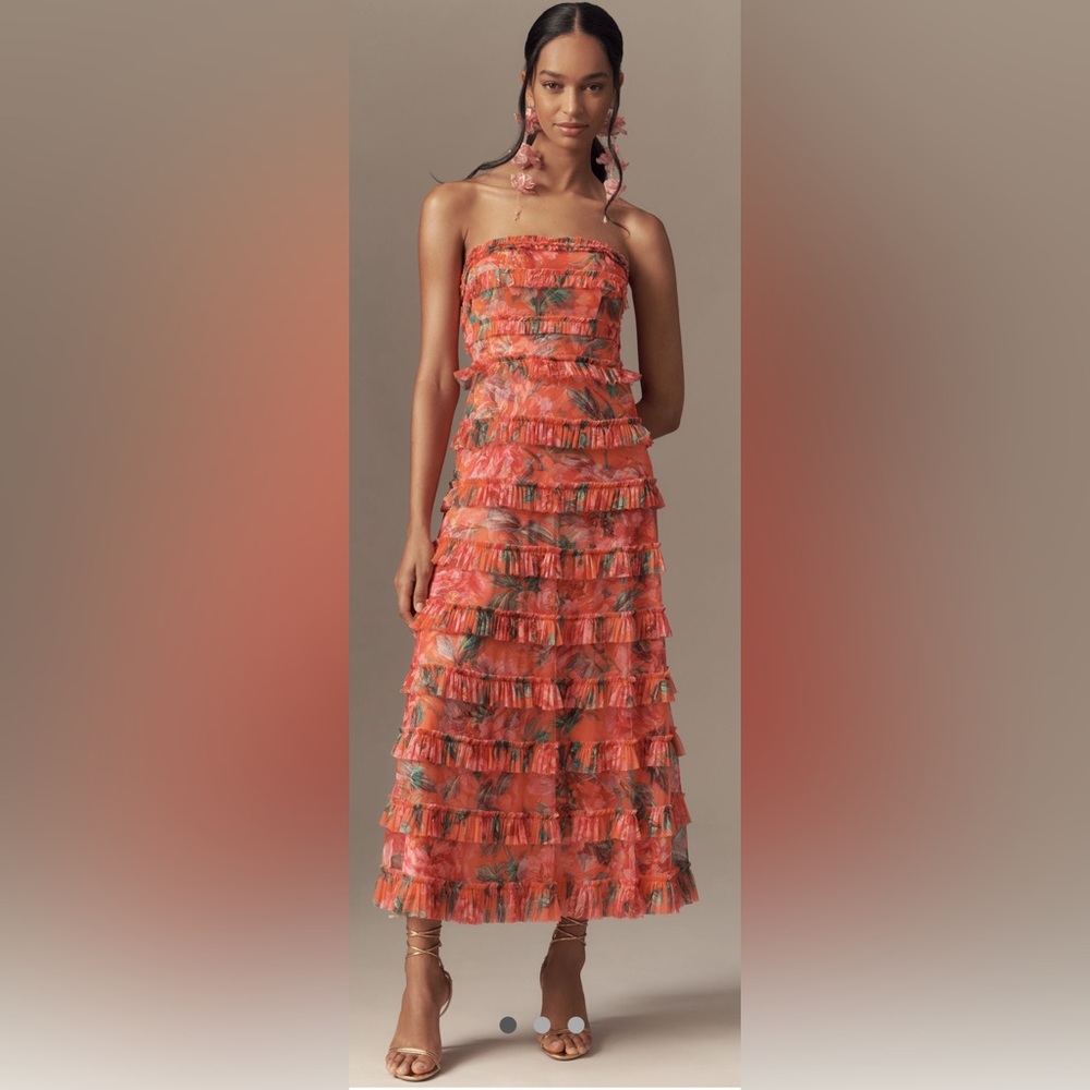Mac Duhggal Strapless Tiered Ruffled A-line Midi Dress